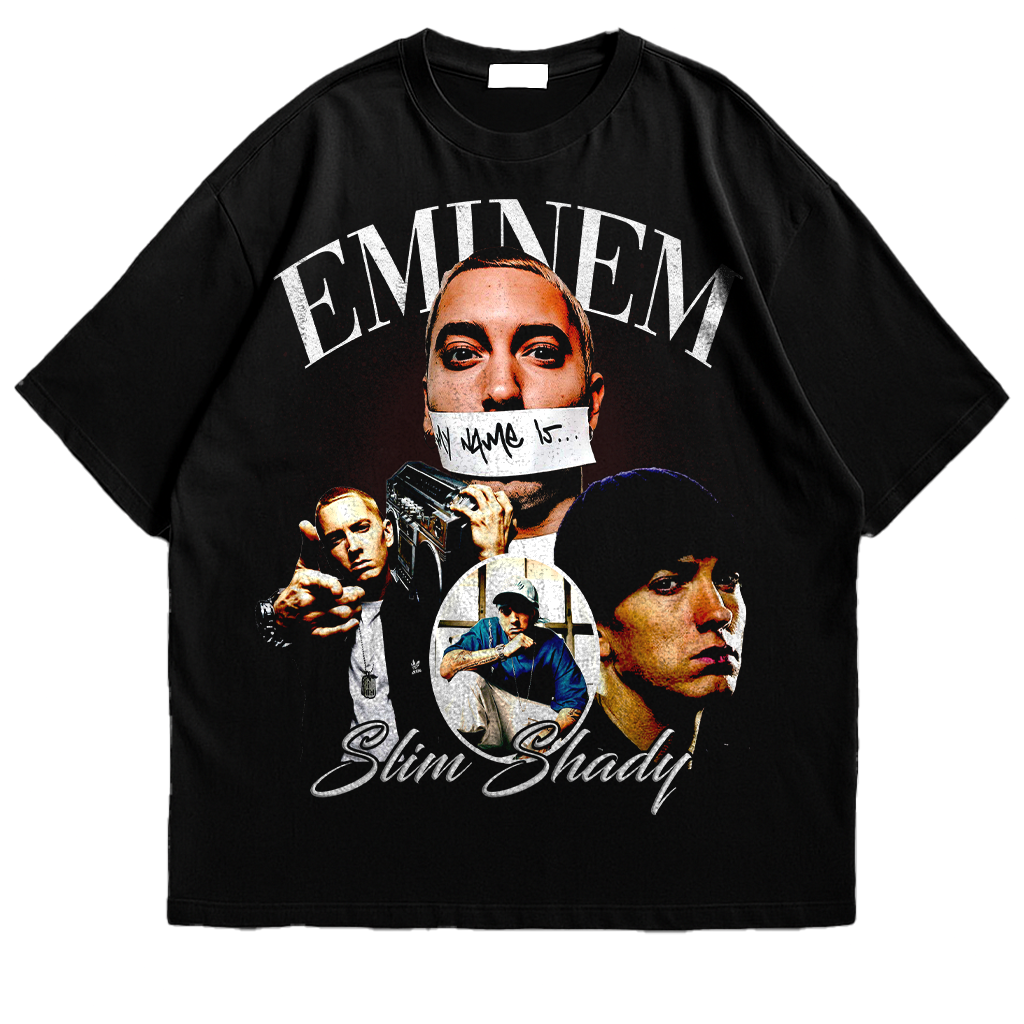 Black t-shirt with Eminem graphic design on a white background