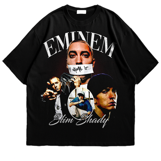 Black t-shirt with Eminem graphic design on a white background